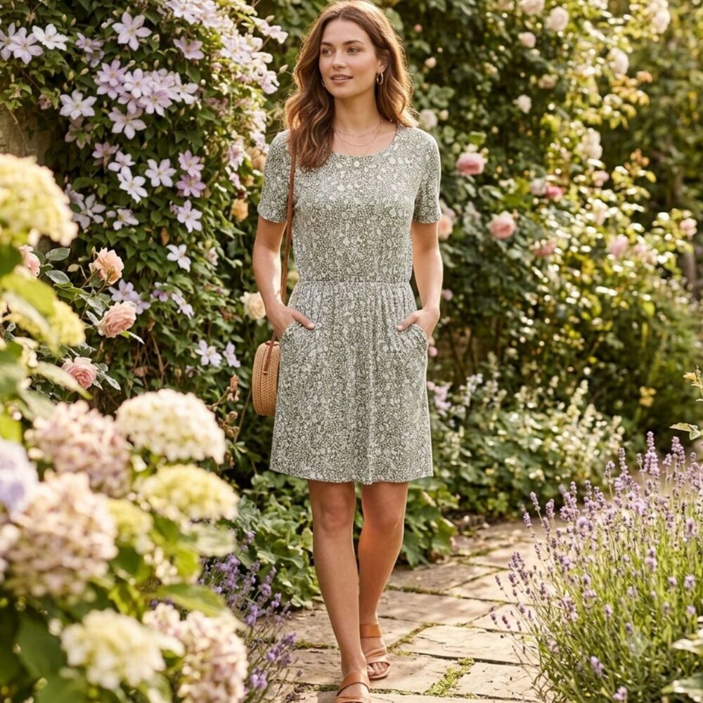 Boden Green Floral Amy Jersey Dress Short Sleeve Pocket 8R Boho Summer Botanical